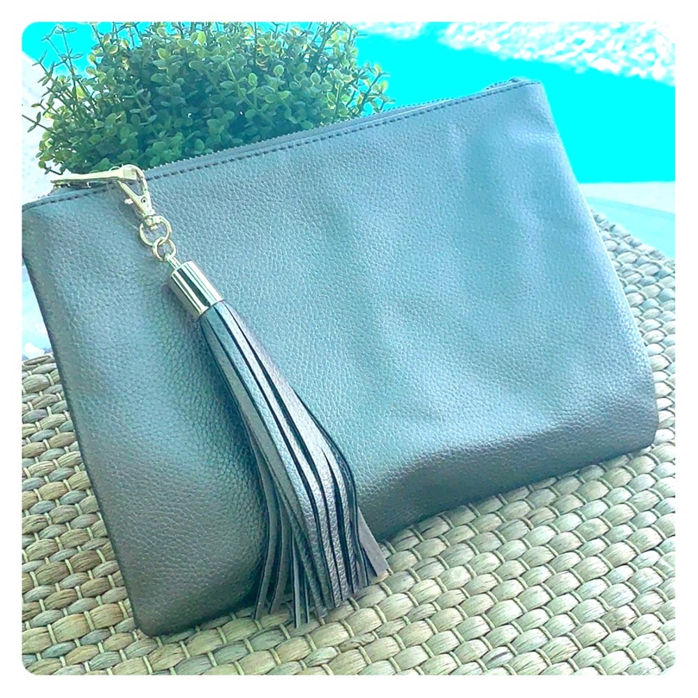 New silver leather fringe clutch purse
